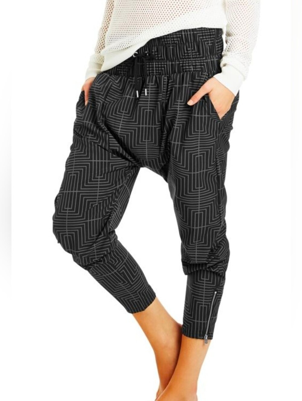 Lorna Jane Life Lia Active Harem Pants Black Grey Geometric Womens M
